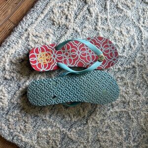 Tory Burch Red and Light Blue Patterned Flip Flops